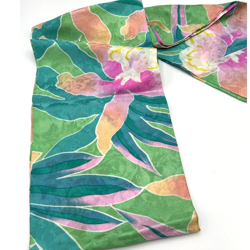 Vintage Hand‑Painted Silk Scarf 7x58 Tropical Art‑to‑Wear Colorful Floral Design